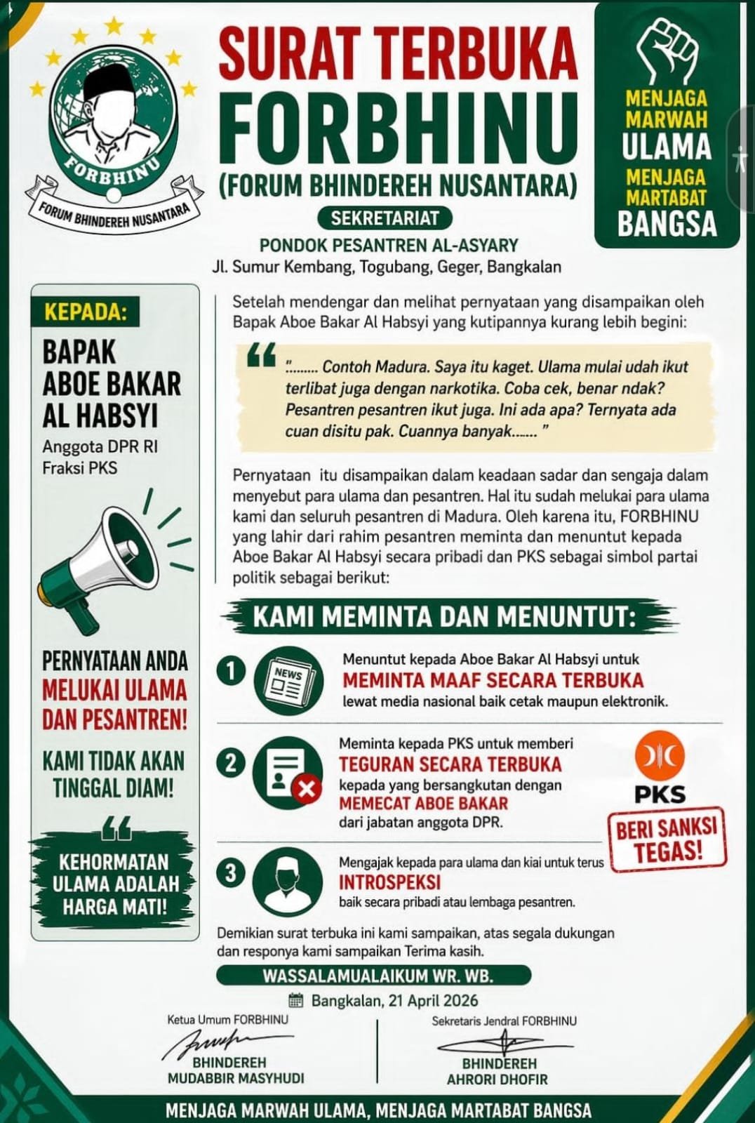 FORBHINU Layangkan Surat Terbuka, Desak Aboe Bakar Minta Maaf dan PKS Bertindak Tegas