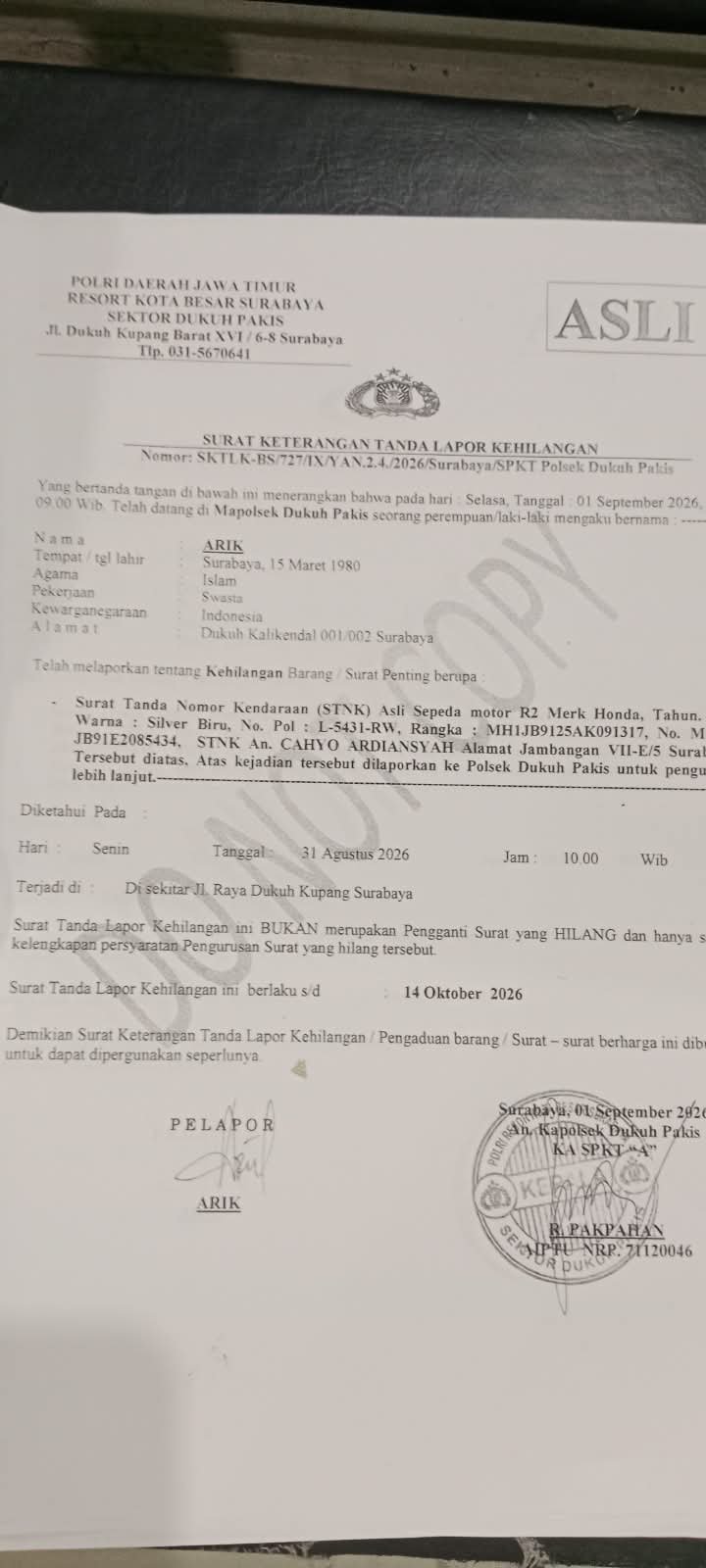 Pengumuman Kehilangan STNK Sepeda Motor Roda 2